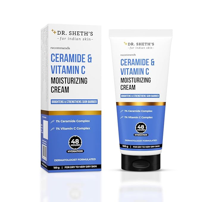 Dr. Sheth's Ceramide & Vitamin C Moisturizing Cream |For Dry to Very Dry Skin | Brightens & Strengthens Skin Barrier | 48hr Deep Hydration | Non Sticky | Biomimetic Ingredients | For Men & Women |100g